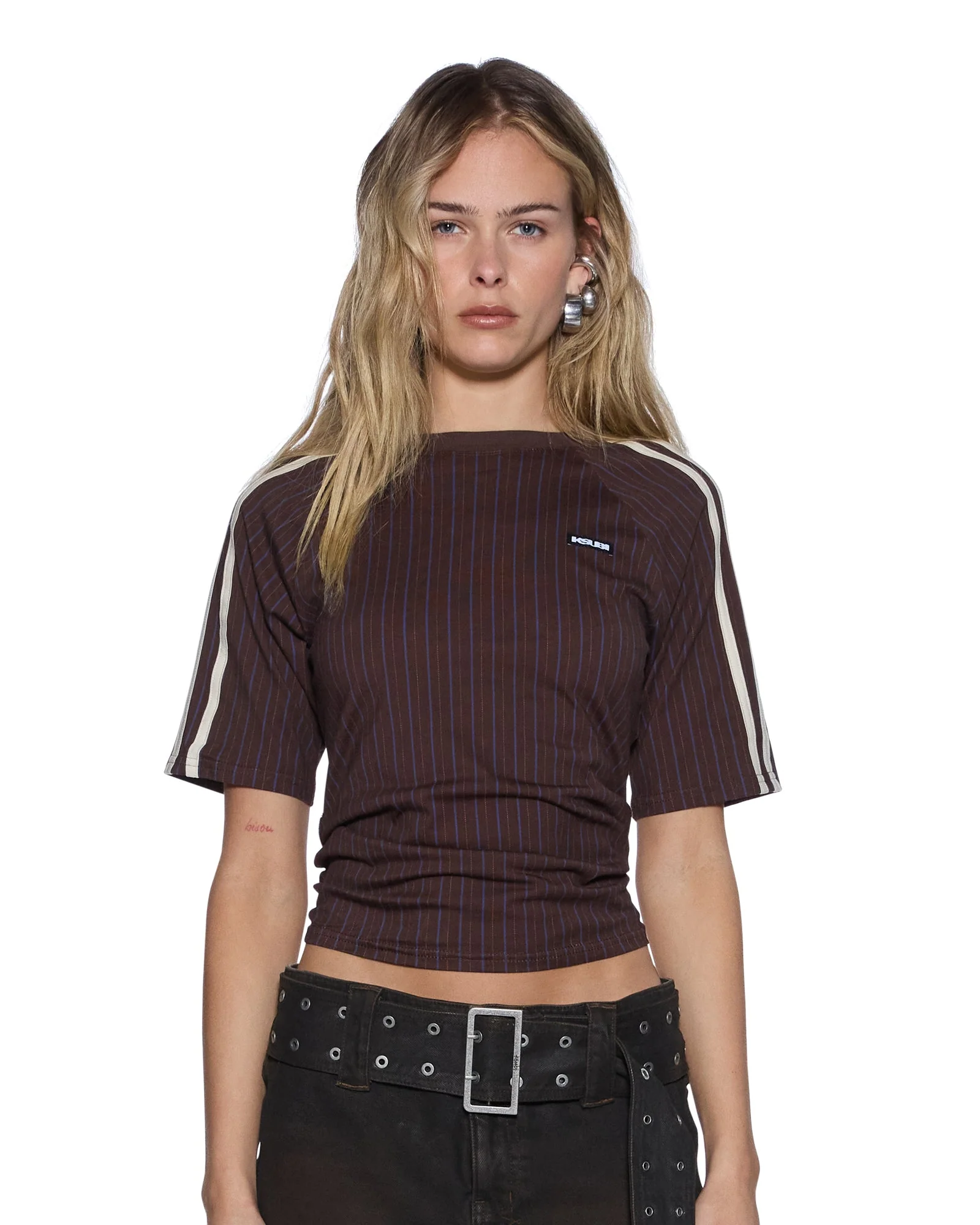 PORTER SS TOP CHOCOLATE PINSTRIPE